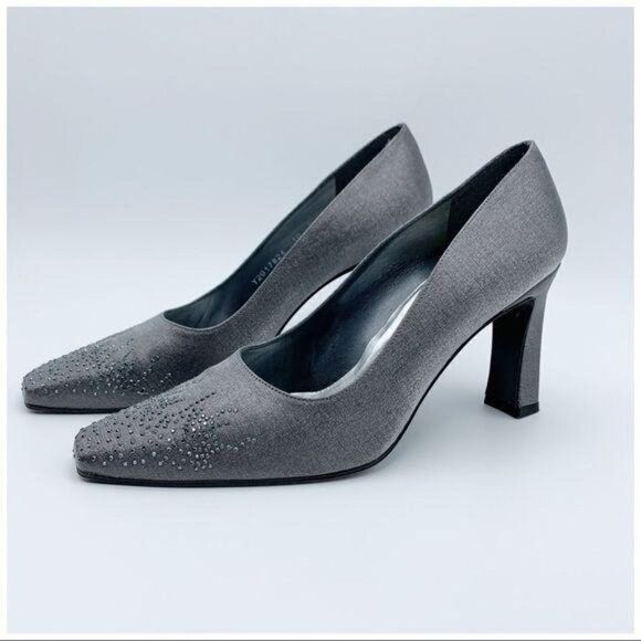 Stuart Weitzman Pewter Fabric Jeweled Evening Heel Pumps Sz‎ 10 Square Toe - Picture 10 of 10